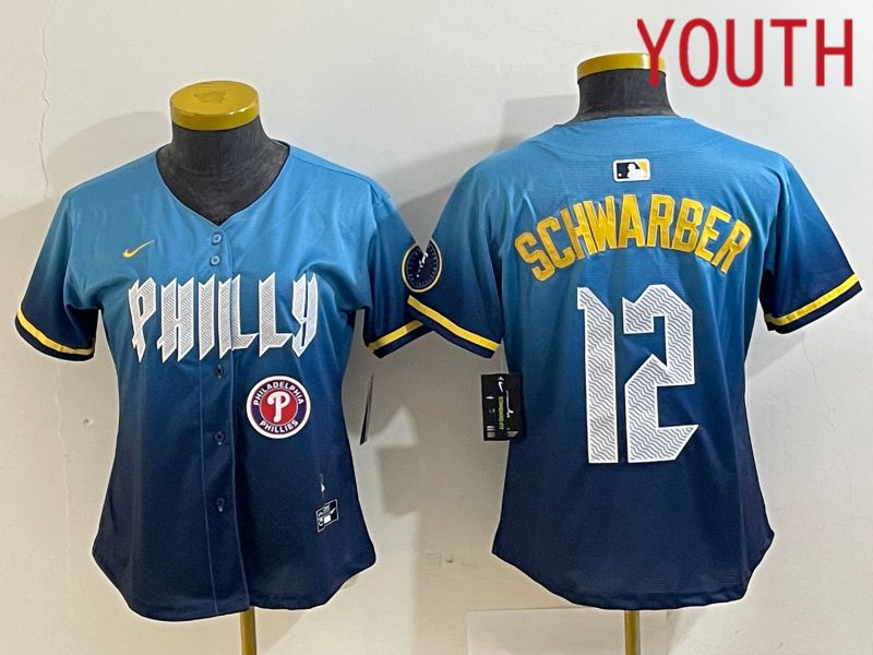 Youth Philadelphia Phillies 12 Schwarber Blue City Edition Nike 2024 MLB Jersey style 4